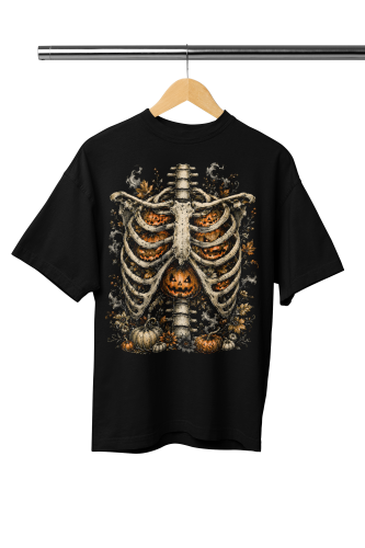 Damska Koszulka Oversize Halloween Szkielet Żebra Dynie Czarna 5