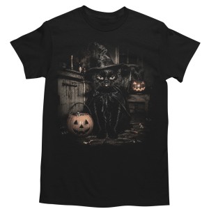 Koszulka męska Halloween czarny kot wiedźma dynia czarna