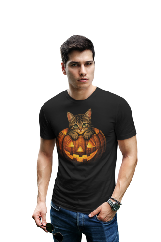 Koszulka męska Halloween kot w dyni śmieszna czarna 2