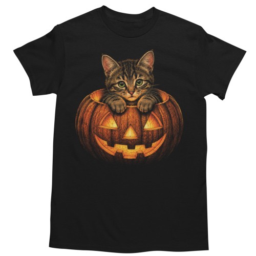 Koszulka męska Halloween kot w dyni śmieszna czarna 1