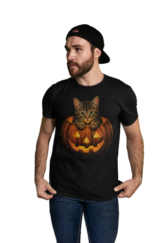 Koszulka męska Halloween kot w dyni śmieszna czarna 3