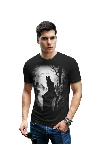 Koszulka męska Halloween czarny kot cmentarz Never Alone 2