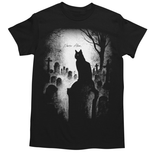 Koszulka męska Halloween czarny kot cmentarz Never Alone 1