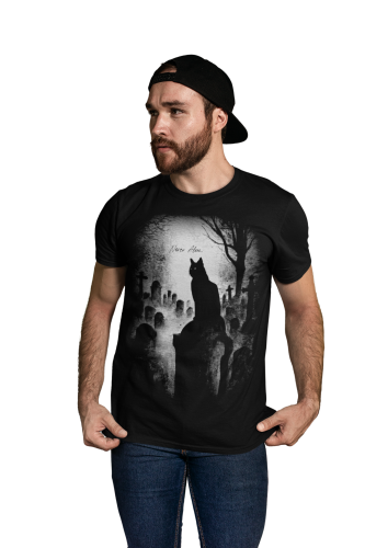 Koszulka męska Halloween czarny kot cmentarz Never Alone 3