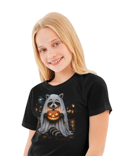 Koszulka dziecięca Halloween z szopem duchem i dynią 4
