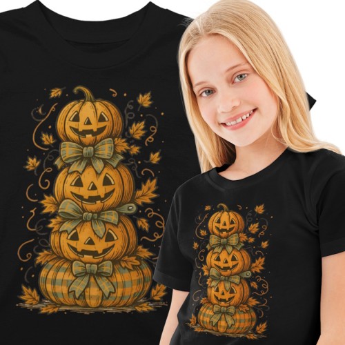 Koszulka dziecięca Dzień Dyni – dynie Halloween z kokardami