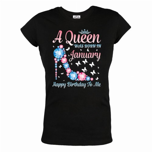 DAMSKA KOSZULKA PREZENT NA URODZINY STYCZEŃ QUEEN WAS BORN IN JANUARY PINK DIAMONDS 